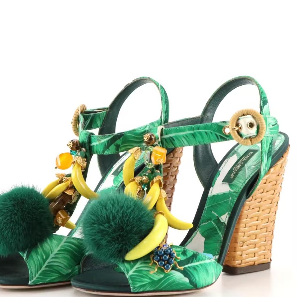 DOLCE & GABBANA Silk Banana Leaf Print Satin with Mink Fur Dress Sandals Sz 38.5
